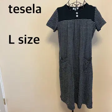 [ tesela ] 반팔 보더 원피스/포켓/가슴 가드 포함/롱/그레이