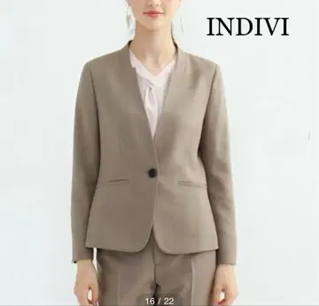 INDIVI 츠무기트 트윌 노카라 자켓 스트레치 세탁 가능 베이지 40