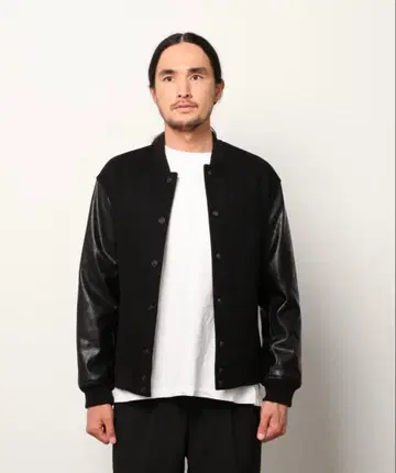 BEAUTY&YOUTH 블랙 멜톤 인조 가죽 바시티 자켓