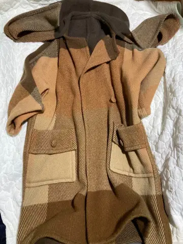 후드 부착 베이지 계열 롱 코트 울