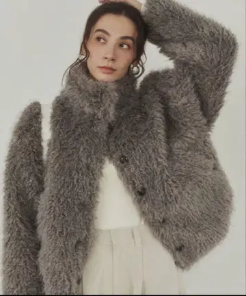 블루종 아우터 샤기 퍼 여성용 그레이 전면 버튼