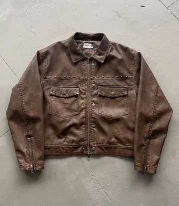 [ 완판템 ] ANDER HUNK 페이크 가죽 자켓 브라운 더블 지퍼