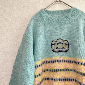 와펜 니트 스웨터 [ 프리 ] 두꺼운 원단 민트 그린 빈티지 구제 의류