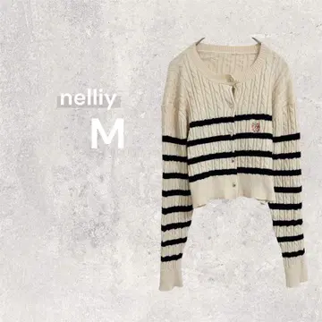 [ 완판템 ] 넬리 케이블 니트 가디건 보더 긴팔 숏 기장 자수
