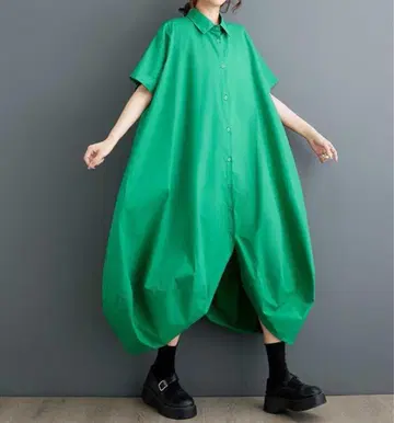 그린 벌룬 실루엣 셔츠 원피스 반팔 여름옷 넉넉한 체형 커버