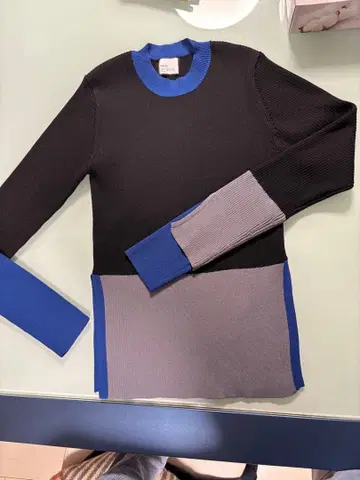 컬러 블록 리브 편직 긴팔 니트