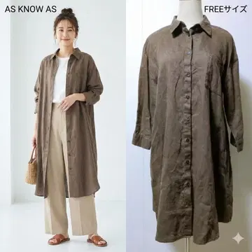 아즈노아즈 린넨 100% 린넨 셔츠 원피스 브라운 튜닉 겉옷