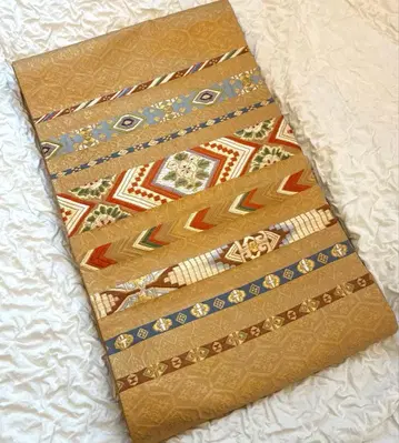 골드 컬러 후쿠로 오비 기하학 패턴 꽃무늬