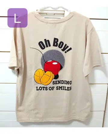 미키마우스 T셔츠 L 사가 자수 디즈니 베이지 백 프린트