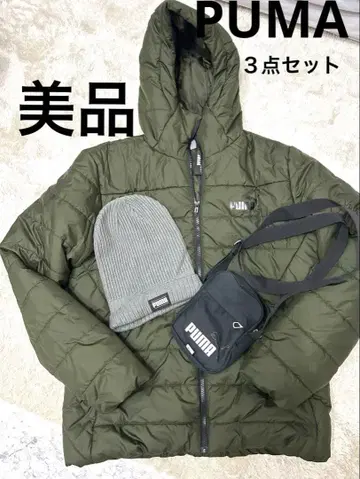 PUMA 3종 세트 그린 다운 자켓 숄더 니트 모자