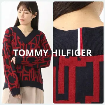 타미힐피거 스펠 로고 자카드 V넥 스웨터