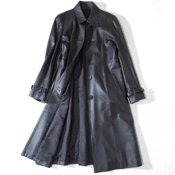 가죽 롱 코트 천연 가죽 벨티드 블랙 여성용 빅 사이즈