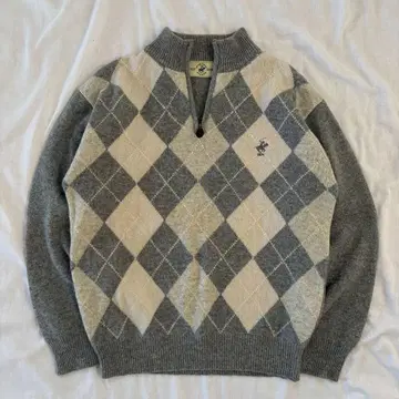 BHPC 남성용 하프 지퍼 스웨터 니트 아가일 울 구제 의류 L