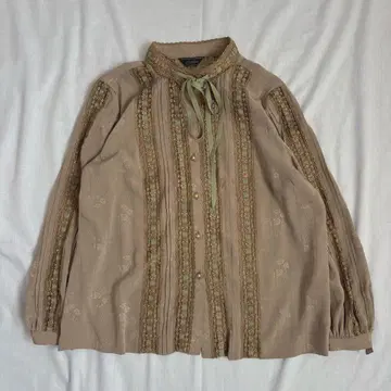 여성용 보타이 블라우스 레이스 꽃무늬 프릴 펄 버튼 M 쇼와 레트로