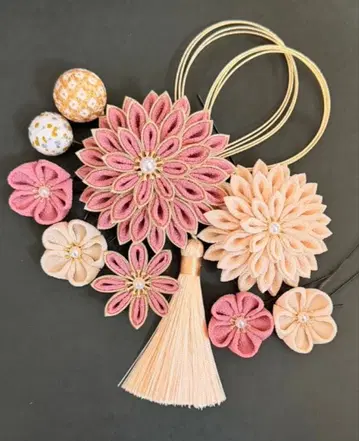 츠마미세이 공예 머리 장식 장춘색 더스티 핑크 아이보리