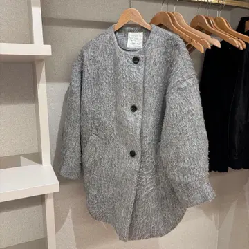 [새상품급] CLOCHE 크로셰 샤기 코트 그레이 노카라 울 혼방 F