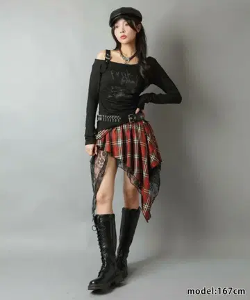 체크 무늬 언밸런스 밑단 미니 스커트 레이스 허리밴딩 로맨틱 스팬