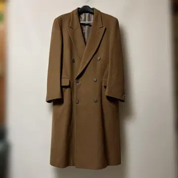 울 더블 브레스트 롱 코트 브라운