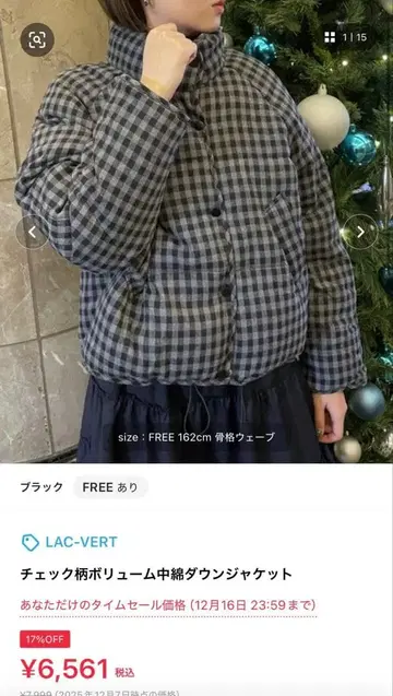 체크 무늬 볼륨 다운 자켓 블랙 FREE 사이즈