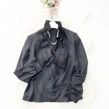 타다시 쇼지*프릴 블라우스 긴팔 스탠드 카라 블랙 6