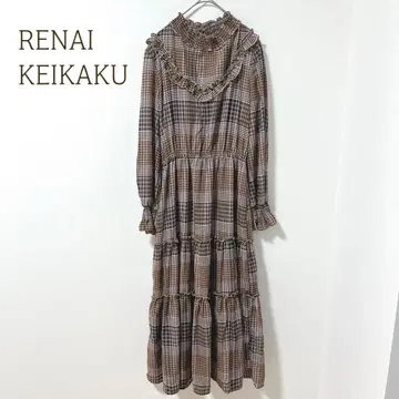 렌아이 케이카쿠 롱 원피스 긴팔 (S) 체크 무늬 올 패턴 프릴 플레어