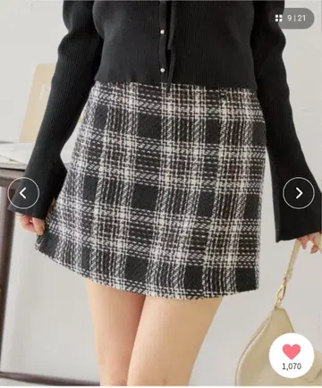 체크 무늬 미니 스커트 블랙 화이트 chico