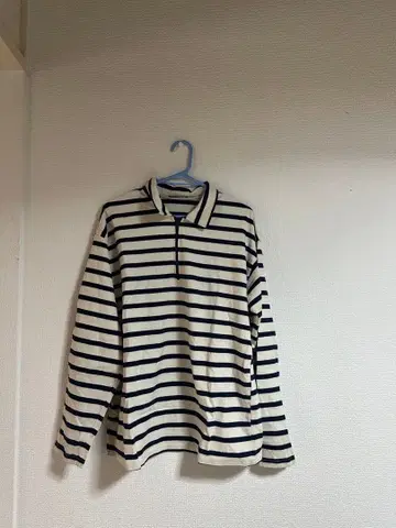 ZARA 스트라이프 하프 지퍼 긴팔 피케 셔츠 아이보리 네이비