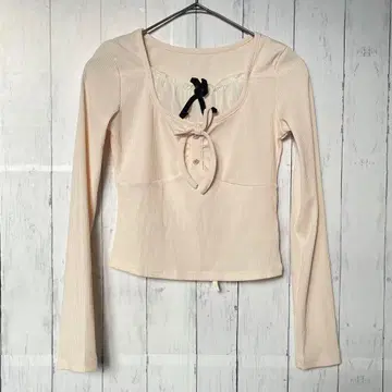 발레코어 리본 비쥬 장식 리브 상의 아이보리 S 프렌치 걸리시