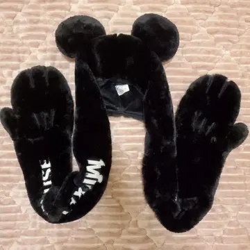 디즈니 미키 장갑 포함 모자 머리띠 후드 머플러 블랙