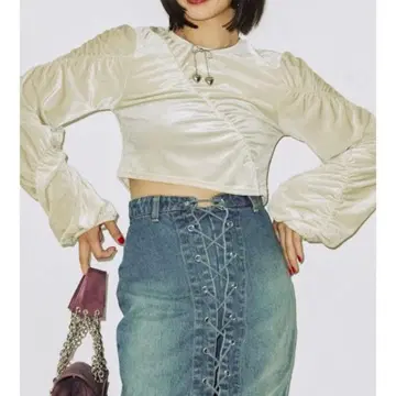 jouetie 벨로아 개더 크롭 상의