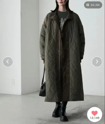 forksy.  이소재 절개 퀼팅 롱 코트 카키