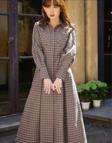 Checkered Pleats Long Shirt Dress