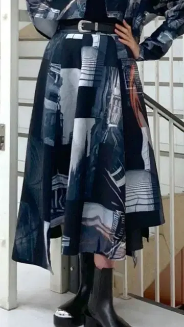 [ HARE 하레 ] 콜라주 사진 플레어 스커트 블루 85 프리 사이즈