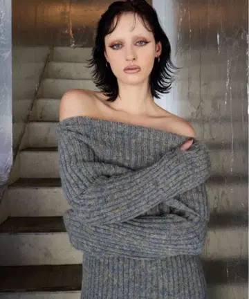 WONEM 와이드 리브 오프숄더 니트 롱 원피스