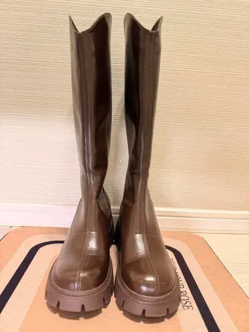 브라운 통굽 니하이 부츠