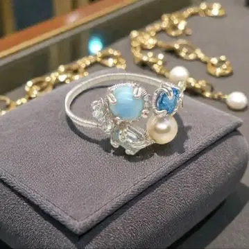 신상 라리마 블루 토파즈 담수 진주 반지 15호