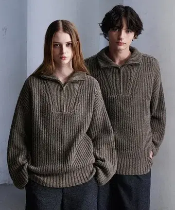 CLEL 볼륨 멜란지 하프 지퍼 니트 애쉬 브라운 L 구제 의류