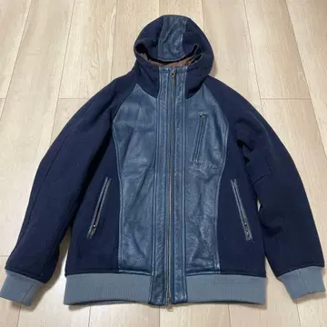 gowest 후드 부착 점퍼 가죽 재킷 네이비