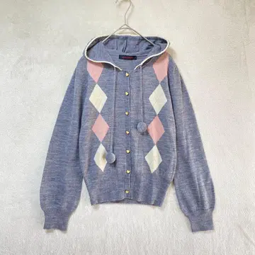 Brownie bee/아가일 체크 가디건/후드 부착 하트 버튼