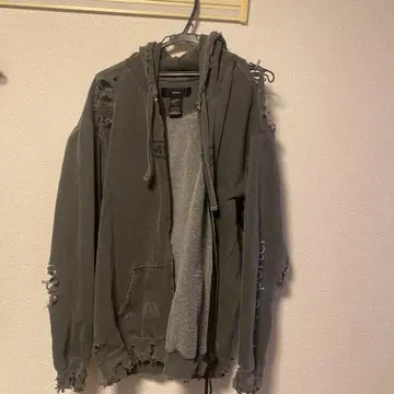 데미지 가공 그레이 코튼 후드티