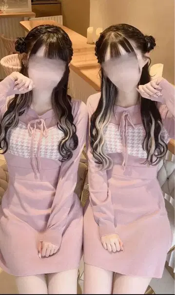 미셸 마카롱 이모짱 콜라보 테고루테 오픈 하운드투스 체크 원피스 핑크