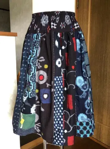 네이비 나염 빈티지 원단 카스리 목화 조각조각 스커트 성숙 큐트