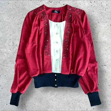 Vintage 가디건 자수 디자인 레드 레트로