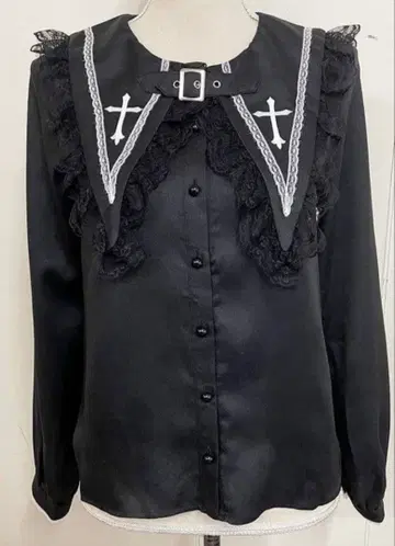 MARS 벨트 포함 크로스 자수 블라우스 블랙