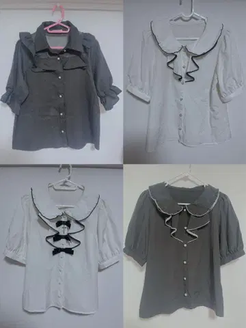 양산형 지뢰계 리본 블라우스 반팔 셔츠 레이스 셔츠 블랙 4종 세트