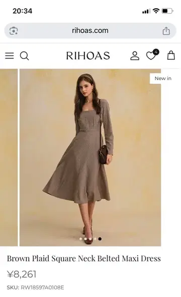 브라운 체크 스퀘어넥 맥시 드레스