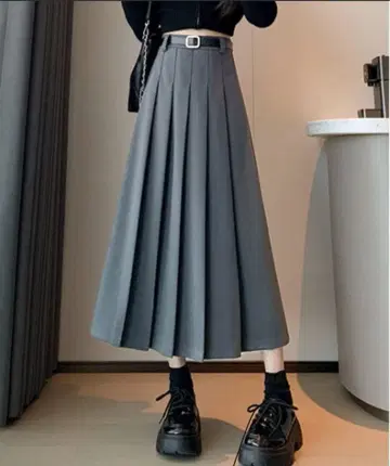 그레이 플리츠 롱 스커트