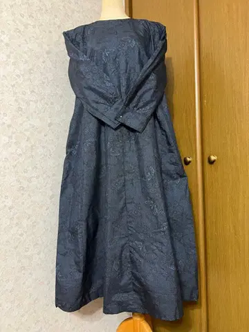 기모노 리메이크 다크 블루 꽃무늬 긴팔 롱 원피스 오시마 명주