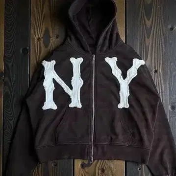 NY 로고 프린트 브라운 후드티