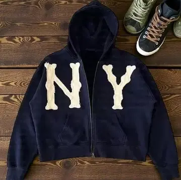 NY 로고 네이비 풀 집업 후드티